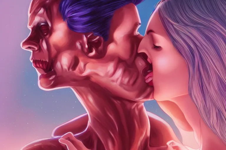 Prompt: an alien woman kisses a man by artgerm, sci - fi, color vibe, reimagined by industrial light and magic