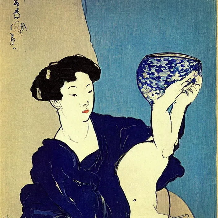Image similar to woman with painted vase. deep dark indigo blue. henri de toulouse - lautrec, utamaro, matisse