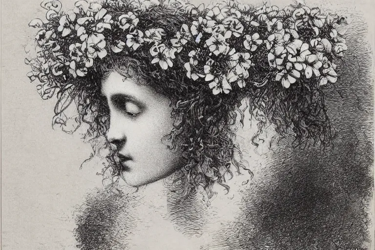 Image similar to black and white, close-up young french eyes covered by flowers, Gustave Dore lithography