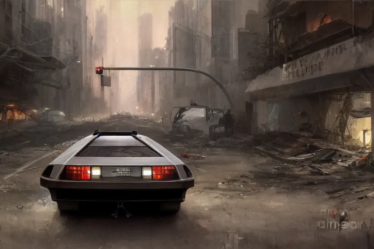 Image similar to photograph of the delorean, with a sleek spoiler, driving down the streets of a cyberpunk abandoned city, by greg rutkowski, by stanley artgerm, by alphonse mucha