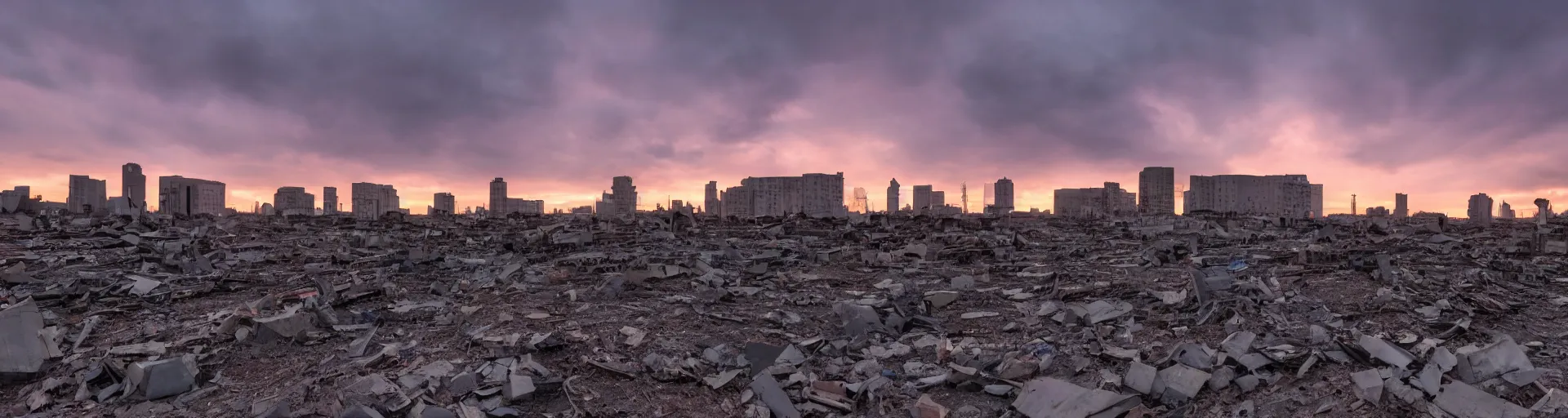 Image similar to A vista of an partially ruined high-tech city, there are sparse signs of human activity. Dusk. Dramatic sky. 4K.