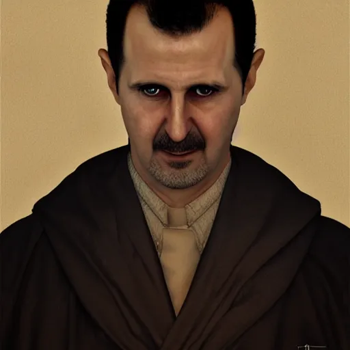 Prompt: bashar al - assad, 3 d character art, wearing lingerie, cinematic lighting symmetrical facial features, from arknights, hyper realistic, 4 k, rule of thirds, extreme detail, detailed drawing, trending artstation, realistic lighting, by alphonse mucha, greg rutkowski, short neck