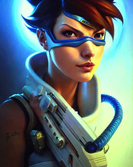 Image similar to tracer from overwatch, character portrait, portrait, close up, highly detailed, intricate detail, amazing detail, sharp focus, vintage fantasy art, vintage sci - fi art, radiant light, caustics, by boris vallejo