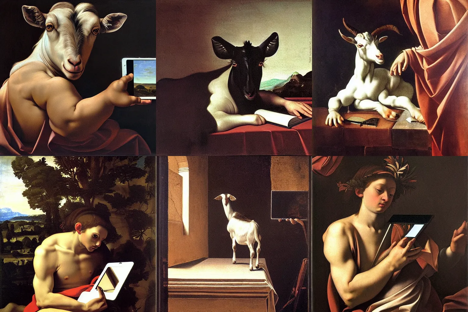 Prompt: A extremely highly detailed majestic hi-res beautiful, highly detailed painting of a goat taking a picture with an Ipad by Michelangelo Merisi da Caravaggio,