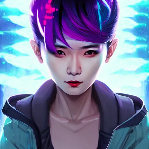 Image similar to a portrait of a young asian cyberpunk woman with purple hair, art by lois van baarle and loish and ross tran and rossdraws and sam yang and samdoesarts and artgerm and saruei and disney, digital art, highly detailed, intricate, sharp focus, trending on artstation hq, deviantart, unreal engine 5, 4 k uhd image