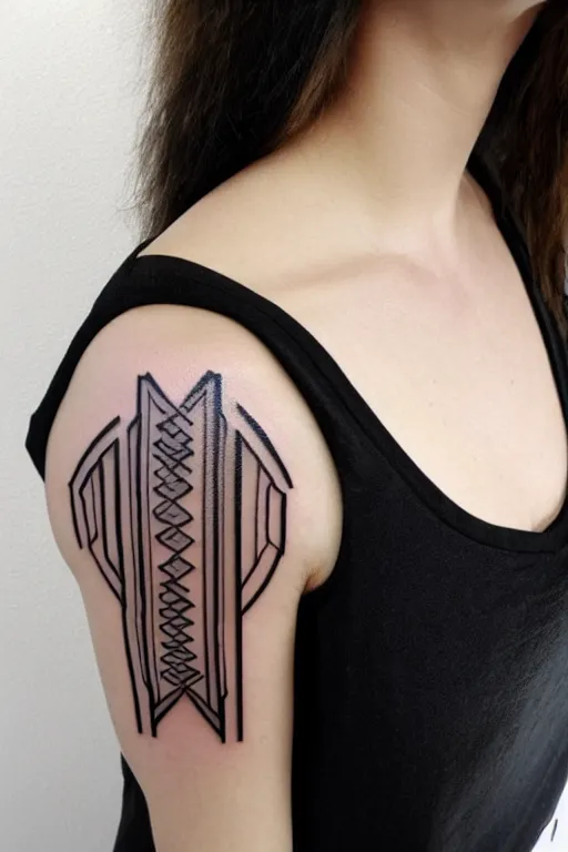 Prompt: mirrored minimalist art deco shoulder tattoo, wide, intricate detail, simple lines