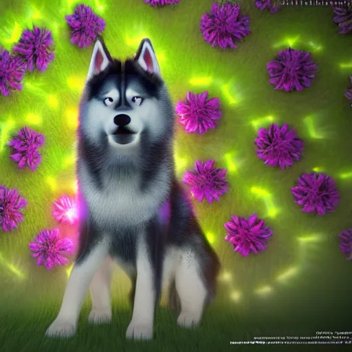 Image similar to alaskan malamute made of flowers playing in a bioluminescent forest at dusk, octane render, colorful, beautiful