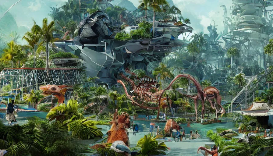 Image similar to Futuristic monster zoo built on a tropical island with lots of tourists during a beautiful day, hyperdetailed, artstation, cgsociety, 8k