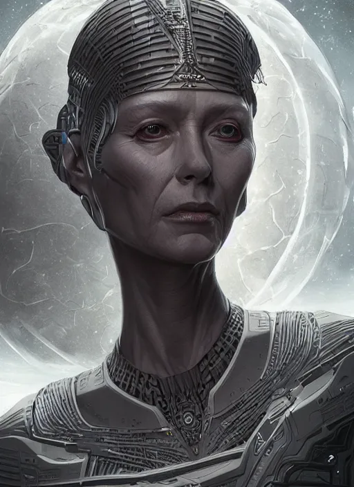 Prompt: Portrait of the Borg Queen, from Star Trek, dark, intricate, highly detailed, smooth, artstation, digital illustration by Artgerm and Wayne Barlowe and Greg Rutkowski