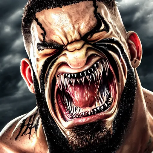 Image similar to Drake as Eddie Brock from Venom (2018), 4k, insanely detailed, teeth with small drops of red water