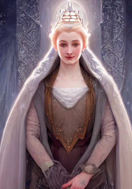 Image similar to sansa snow queen, intricate, elegant, highly detailed, digital painting, artstation, concept art, smooth, sharp focus, illustration, art by artgerm and greg rutkowski and alphonse mucha and william - adolphe bouguereau