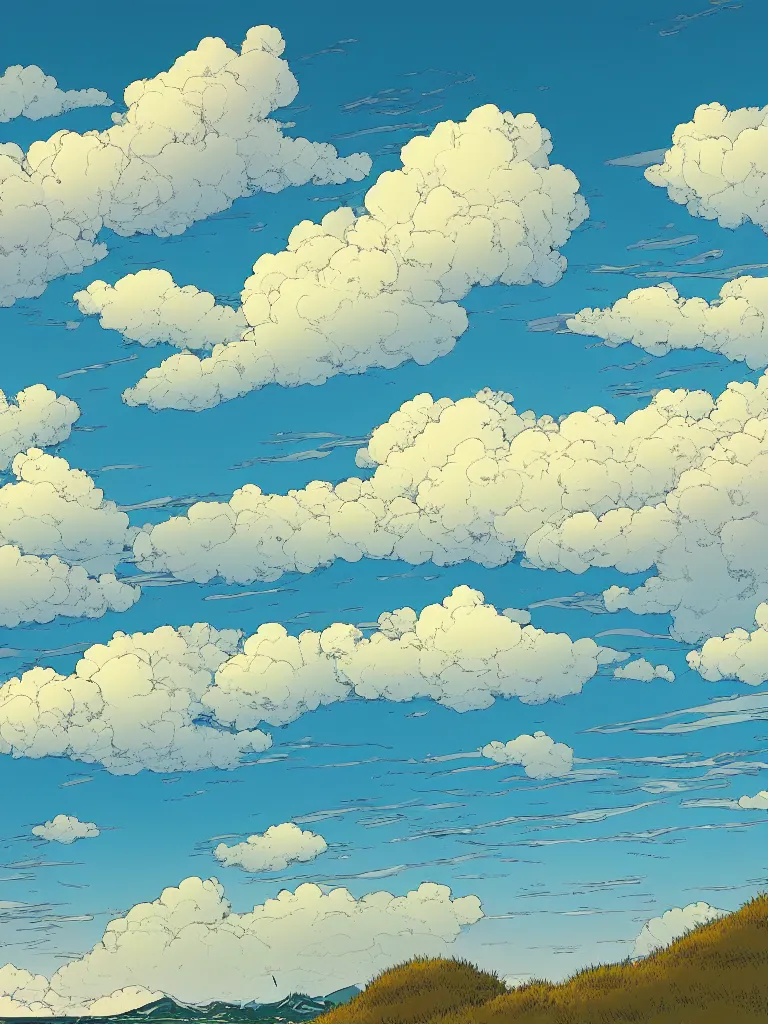 Prompt: a digital art of a close up view of a field, the beach, mountain and the sea at noon, beautiful sky and clouds, colorful, by laurie greasley, artstation, studio ghibli color scheme
