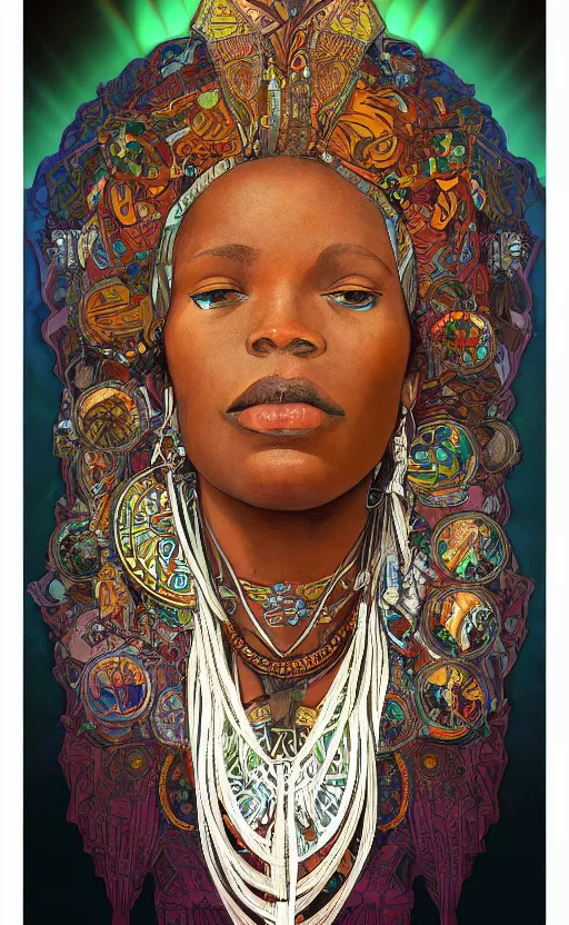 Image similar to upper half portrait of retro futuristic african tribal chief - embellished with vegetation and iridescent crystals, art by alphonso mucha, highly detailed, digital painting, concept art, illustration, smooth sharp focus, intricate, symmetry, artstation, colourful,