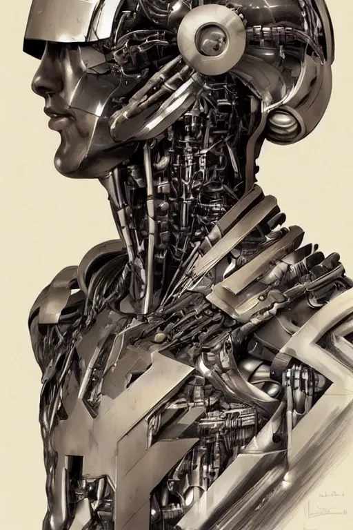 Prompt: futurist half human half robot soldier, art by leyendecker, head and shoulders portrait, blood, cyberpunk, cybernetic implants, very intricate, award winning, extreme details