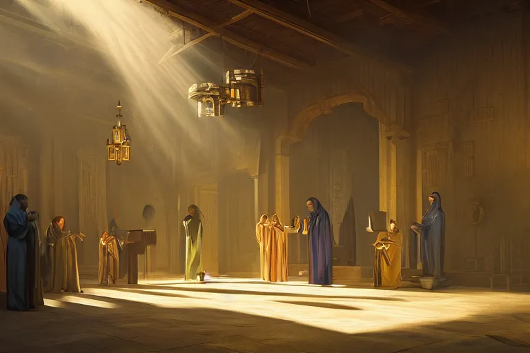 Image similar to cultist secret meeting taking place in an art deco townhall in a oriental medieval fantasy village. incredible voluminous indirect soft glow cinematic lighting, hyperdetailed features, movie still, intricate, octane render, unreal engine, crepuscular rays, god rays, by beeple and rhads and donato giancola