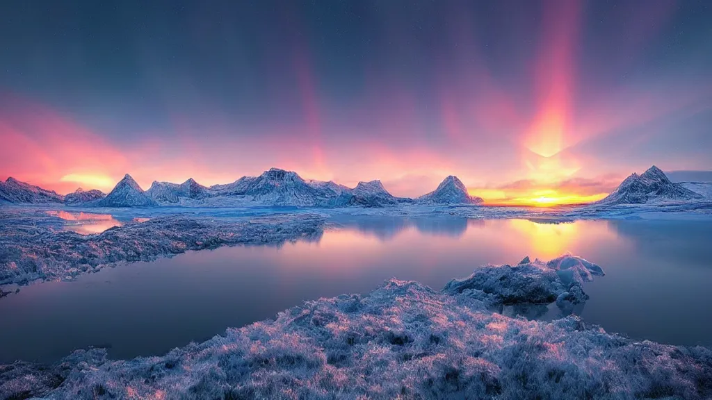 Image similar to amazing landscape photo of polar light with lake in sunset by marc adamus, beautiful dramatic lighting