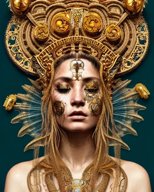 Prompt: hyperrealistic detailed portrait of a beautiful goddess in an intricate golden ornamental ritual headdress, intricate cyberpunk make - up, golden face tattoos, insane details, art by ernst haeckel, nekro borja, android jones, alphonso mucha, john william godward, gothic - cyberpunk, beautiful deep colours,