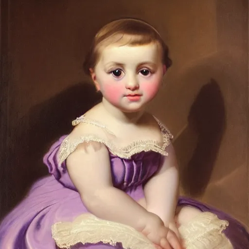 Image similar to portrait of a german toddler princess sitting down in a silk lavender gown, circa 1 8 3 7, by carl joseph begas, highly detailed, beautiful, oil on canvas, 1 8 3 0 s, romanticism