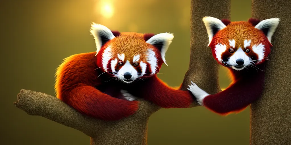 Image similar to fantasy red panda love, raised hands side by side in the winter trees, he holds her while she sleeps, hyperrealism, 8 k octane render