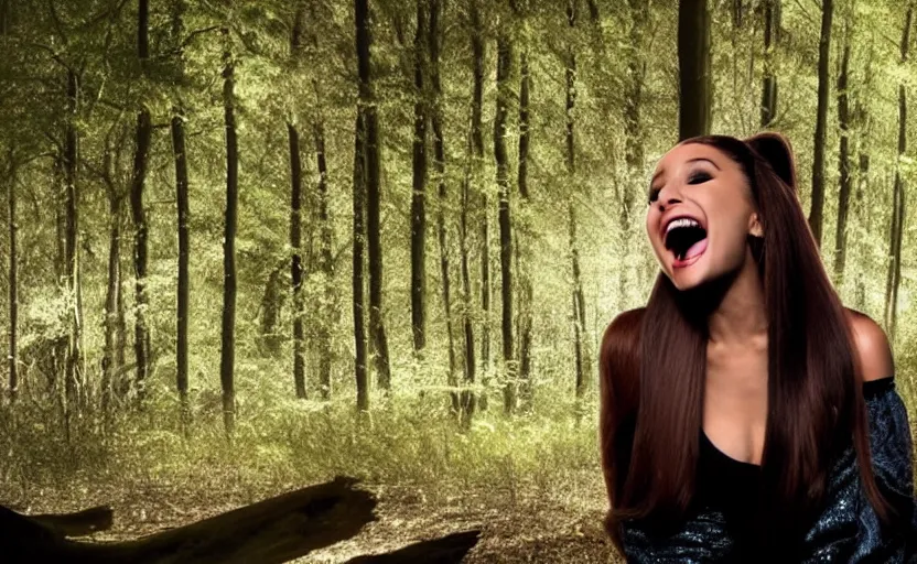 Prompt: ariana grande maniacally laughing in a dark forest