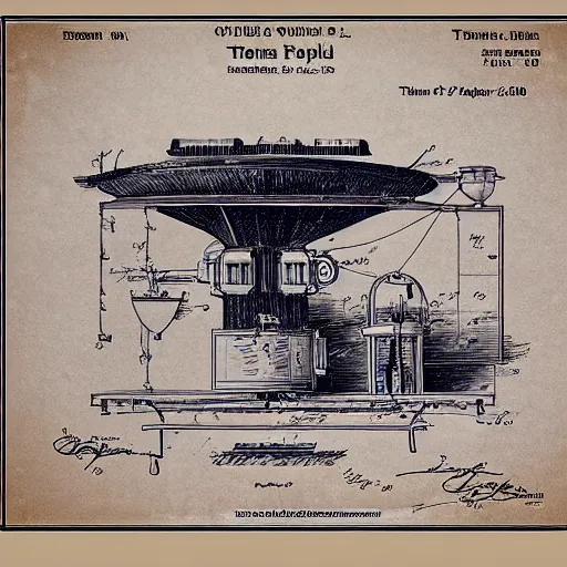 Image similar to plans for a coffee mill as drawn by thomas edison. patent filing. detailed. hd