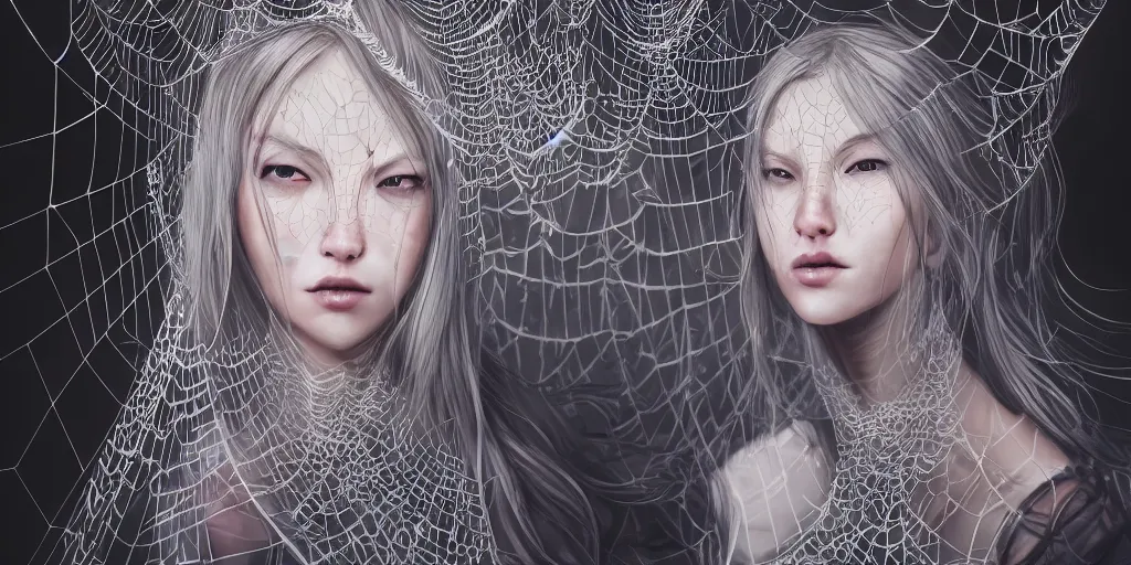 Image similar to hyperrealistic photography of a highly detailed and symmetrical gorgeous nordic female caught in a spiderweb with approaching gigantic spider in the style of jin kagetsu, james jean and wlop, highly detailed, face symmetry, highly realistic hands, masterpiece, award - winning, sharp focus, intricate concept art, ambient lighting, 8 k, artstation
