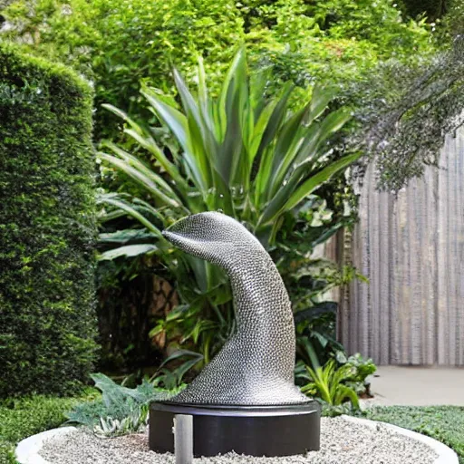 Image similar to A liquid metal sculpture in the middle of a luscious garden