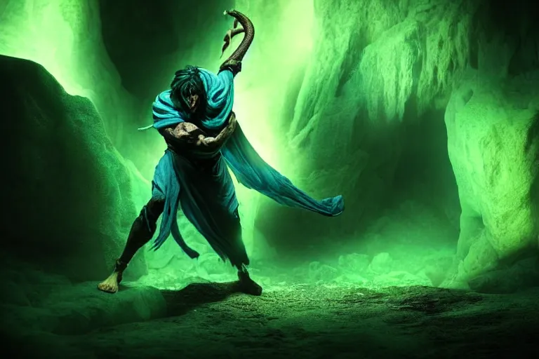 Image similar to vfx film, soul reaver, raziel irl, price of persia movie, missing jaw, hero pose, devouring magic souls, scarf, glowing green soul blade, in epic ancient sacred huge cave temple, flat color profile low - key lighting award winning photography arri alexa cinematography, hyper real photorealistic cinematic beautiful, atmospheric cool colorgrade