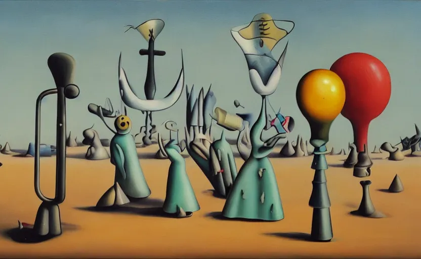 Prompt: a painting in the style of Yves Tanguy , a parking meter stands in the middle of a desert. Next to the parking meter we see a priest, a woman in a green dress , and a rhinoceros .