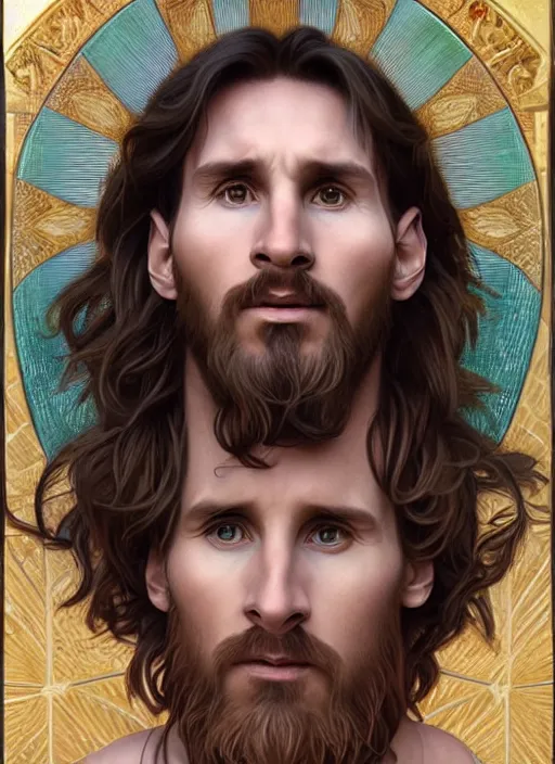 Image similar to portrait lionel messi as jesus, full length shot, shining, 8 k highly detailed, sharp focus, illustration, art by artgerm, mucha, bouguereau