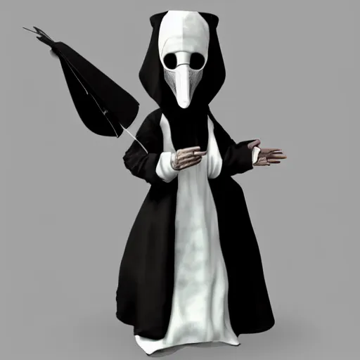 Image similar to female plague doctor donning a black hood, gown, and a white crow mask, trending on artstation