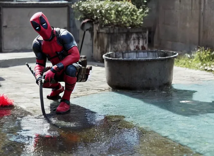 Image similar to film still of deadpool cleaning a sewer in the new dirty jobs tv series, 4 k