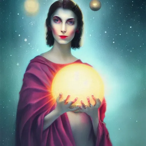 Image similar to the designer of the universe, woman holding a bright ball in her hand, in the style of tom bagshaw