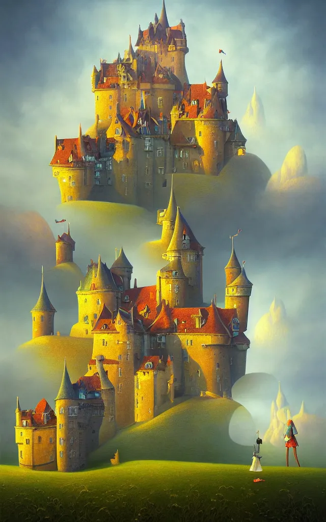 Image similar to close view of a castle an oil on canvas portrait painting of world castle happy place, volumetric light godray, surrealism, surrealist, impossible geometry, rob gonsalves, high detail fantastic gediminas pranckevicius