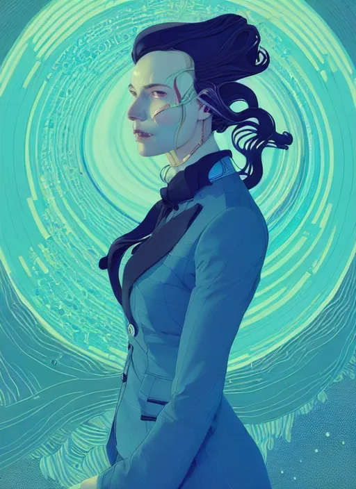 Prompt: portrait of beautiful nordic woman wearing suit, blue eyes, artstation winner by victo ngai, kilian eng and by jake parker, by conrad roset, swirly vibrant color lines, winning award masterpiece, fantastically gaudy, aesthetic octane render, 8 k hd resolution