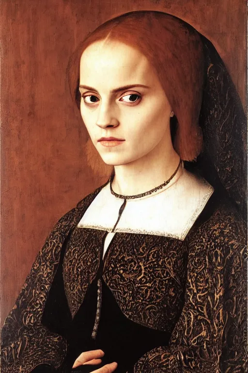 Prompt: portrait of emma watson, oil painting by jan van eyck, by hans holbein, northern renaissance art, old masters, alla prima, realistic, expressive emotions, intricate textures, illusionistic detail