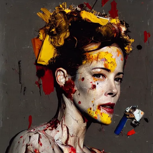 Prompt: hyperrealistic, photorealistic, mixed media oil painting of parker posey, magazine scraps, plaster, blood, oil, mustard, cigarettes, splatter, trending on artstation, award - winning painting, greg rutkowski, basquiat, ralph steadman, terry gilliam