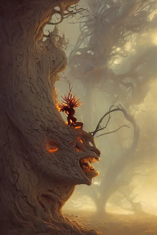 Prompt: portrait of tree devil by Peter Mohrbacher and Peter Gric, volumetric lighting, good composition, trending on artstation, polarizer filter, in the golden hour