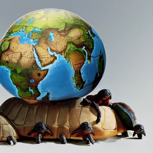 Image similar to a stack of turtles beneath a globe of the earth, earth globe on top