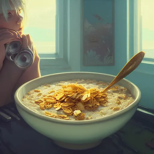 Prompt: highly detailed bowl of oatmeal mixed with cornflakes, stephen bliss, unreal engine, greg rutkowski, loish, rhads, beeple, makoto shinkai and lois van baarle, ilya kuvshinov, rossdraws, tom bagshaw, alphonse mucha, global illumination, god rays, detailed and intricate environment