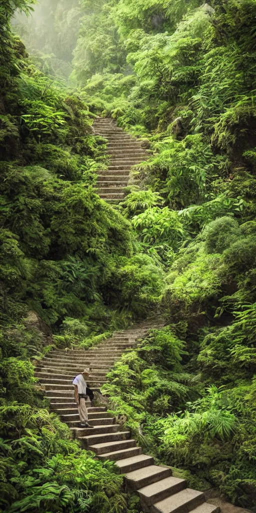 Image similar to canyon in oregon, old man on stone stairway in between highrise flats, overgrown lush plants, atmospheric, cinematic, beautiful low light by studio ghibli octane render 8k