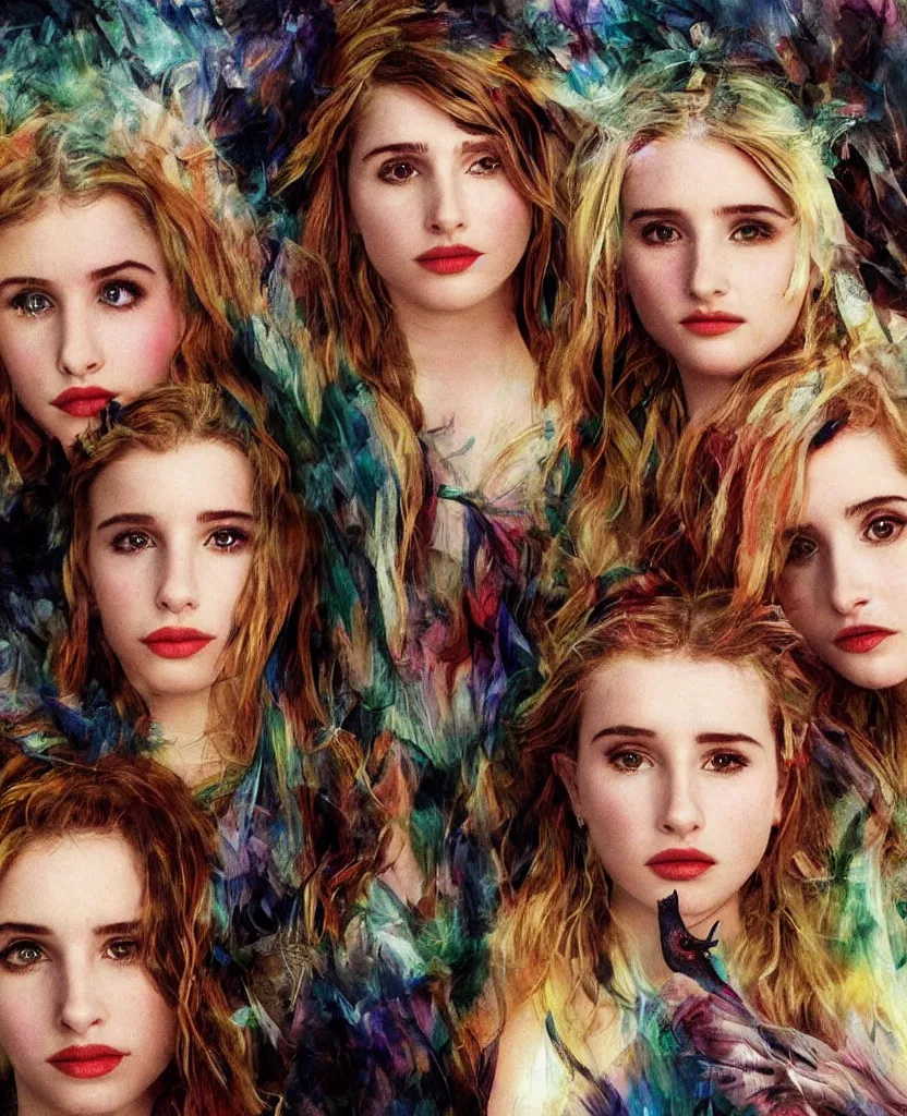 Prompt: young Emma Roberts, Thomasin McKenzie, and young Mädchen Amick as goddesses of ravens looking searchingly into your eyes. minute detail. blended shadowing. tricolors. ultra colorful. perfect lighting. perfect pose. amazing creative portrait illustration. the best portrait of a beautiful goddess in existence. large format image. image appears 3D.