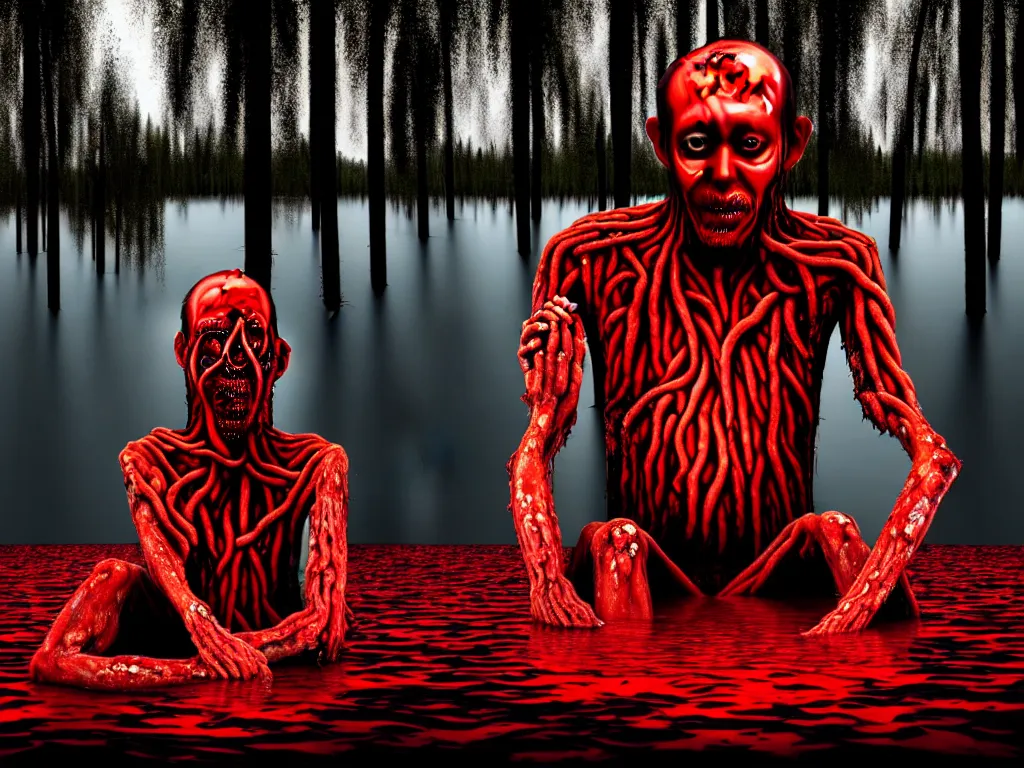 Image similar to a portrait of a man with five heads, twelve arms, sitting on chair made of human limbs, the chair is floating in a lake of blood, around the lake are melting trees, the man's limbs are merging with the trees, digital art, hyperrealistic nightmare scene, supernatural, highly detailed, creepy, terrifying