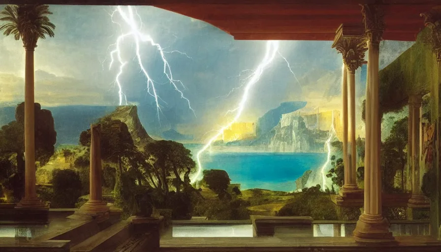 Image similar to Inside the giant Palace, mediterranean balustrade and columns line, refracted sparkles, thunderstorm, greek pool, beach and Tropical vegetation on the background major arcana sky and occult symbols, by paul delaroche, hyperrealistic 4k uhd, award-winning, very detailed paradise