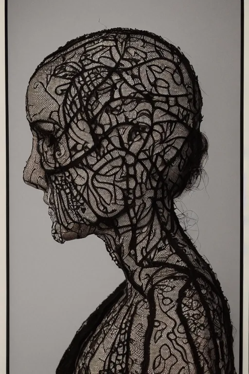 Image similar to a woman's face in profile, made of intricate decorative lace skeleton, in the style of the dutch masters and gregory crewdson, dark and moody