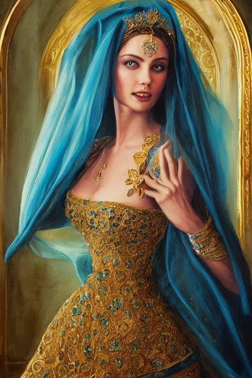 Image similar to detailed painting of a beautiful princess wearing a blue dress with veil inside the interior of an ornate Middle eastern palace by Stanely Artgerm, green eyes, gold jewellery, black hair, majestic, beauty, dramatic light, turquoise color scheme, Trending on Artstation