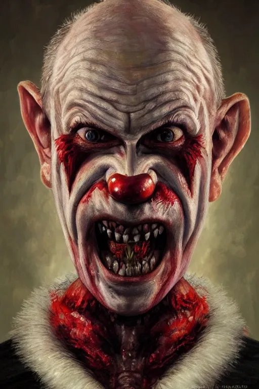 Image similar to photorealistic portrait photograph of vladimir putin as a pathetic goblinoid demon clown, kobold, upper body, fantasy, bloody, depth of field, soft focus, highly detailed, intricate, realistic, national geographic cover, soft glow, textured, artstation, concept art, sharp focus, illustration, art by artgerm and greg rutkowski and alphonse mucha