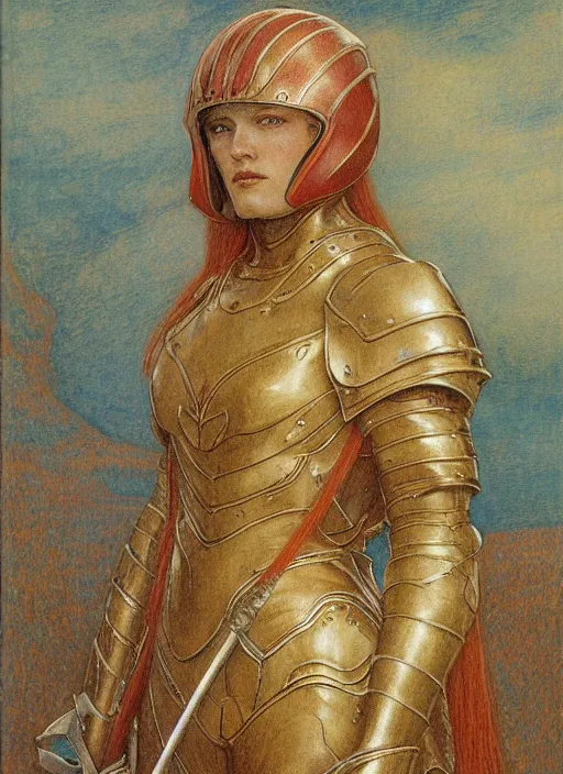 Image similar to malenia from elden ring wearing helmet and armor by jean delville, red hair, full body portrait,