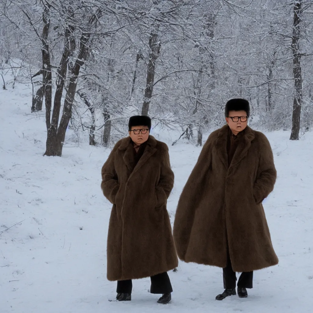 Prompt: filmstill of Kim Jong-il wearing a furry chapka and playing the role of Omar Sharif in Doctor Zhivago by David Lean, man in furry coat, cold Russian landscape, snow and trees, minimal composition, 1965, cinemascope, Eastman Color Negative 50T 5251 Neg. Film, epic romance