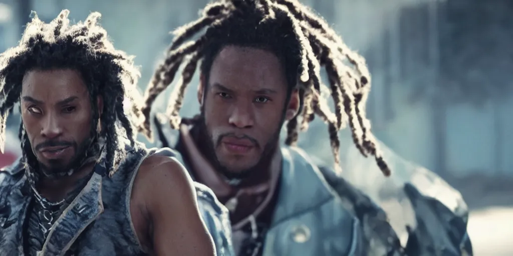 Prompt: a film still of a black man starring in a japanese blockbuster film as eddy gordo from tekken, shallow depth of field, cinematic, award winning cgi, vfx, film still
